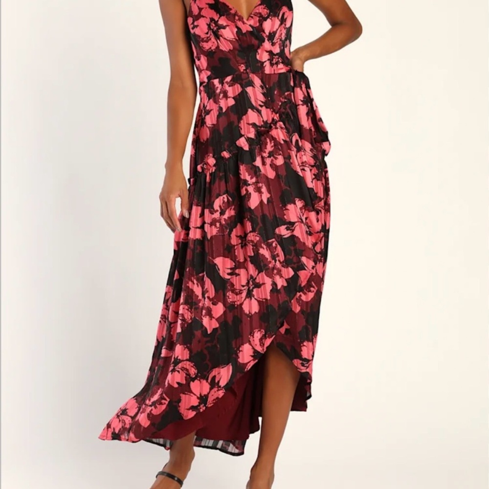 Lulu's NWT Winning Your Heart Burgundy Floral Lurex Wrap Midi Dress